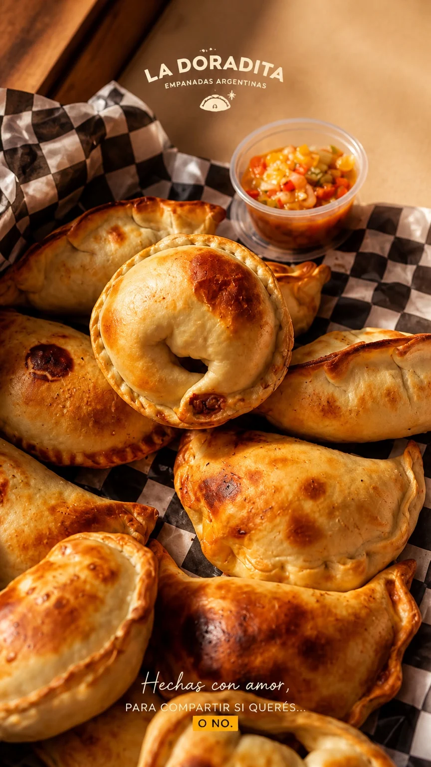 Empanadas La Doradita con relleno abundante y salsa